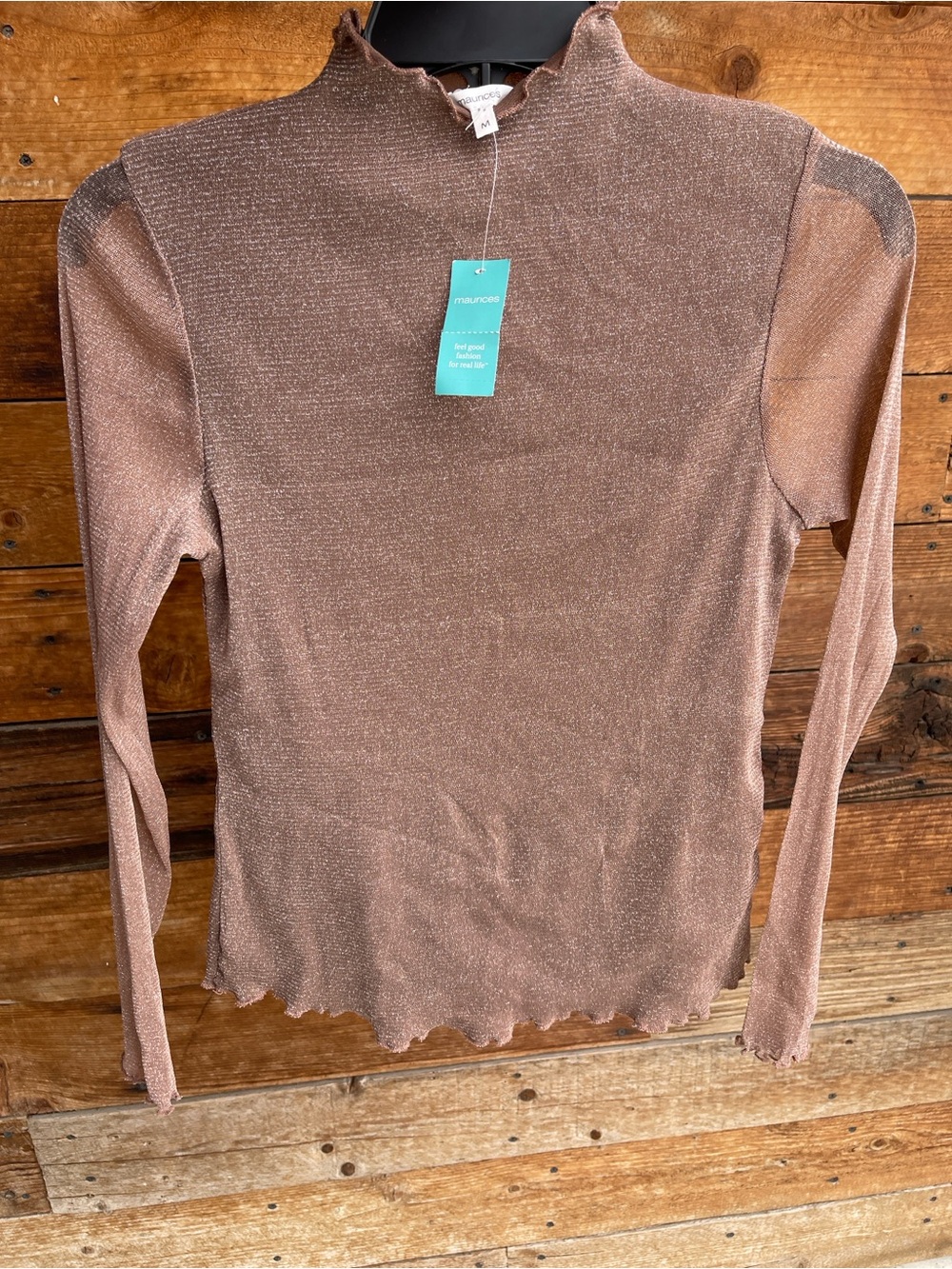 Maurices Metallic Mesh Mock Neck Top Medium NWT Rose Gold Sheer Long Sleeve